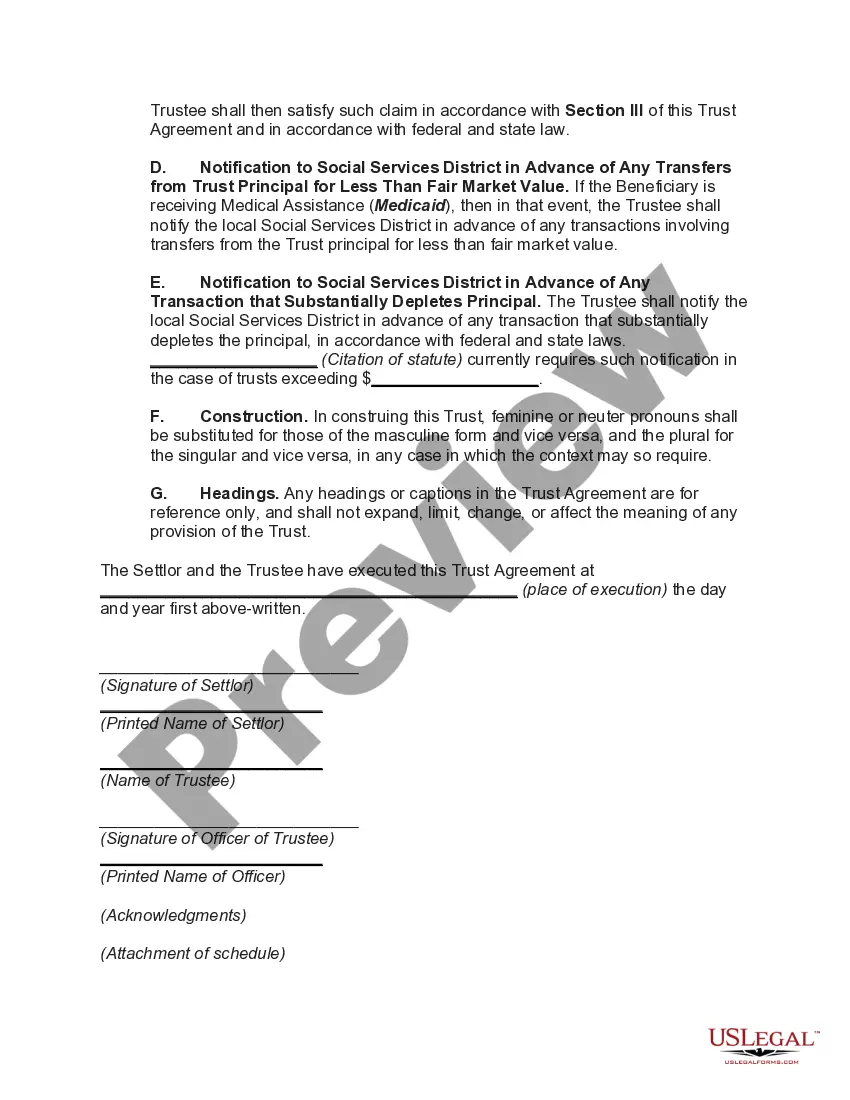 Get Special Needs Irrevocable Trust Agreement for Benefit of Disabled Child of Trustor Preview Special Needs Irrevocable Trust Agreement for Benefit of Disabled Child of Trustor
