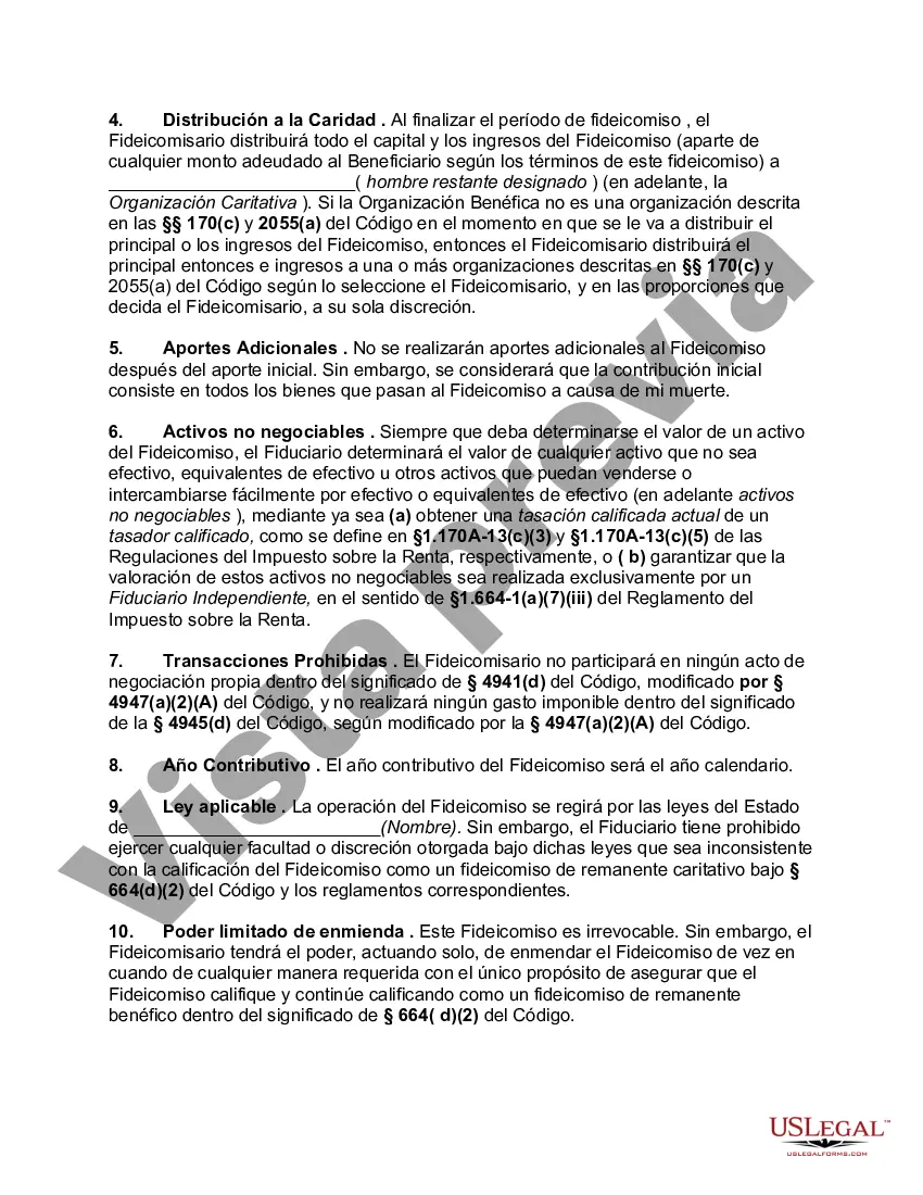 Preview Disposiciones para el remanente caritativo testamentario Unitrust for One Life