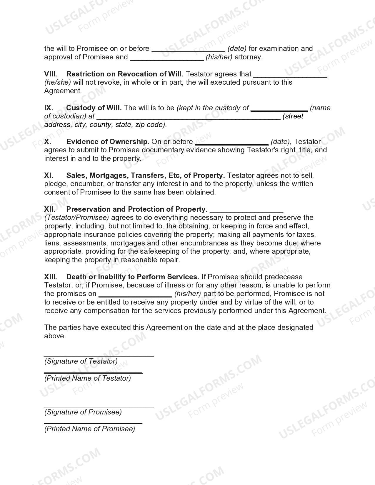 Bequeath Form Template.pdf Agreement to Devise or Bequeath Property to a Person Performing the ...