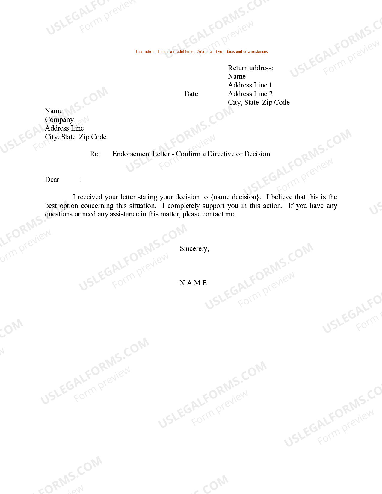 Wisconsin Sample Letter For Confirmation Of A Directive Decision 