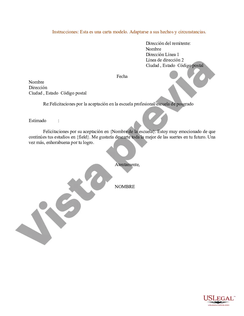 Preview Ejemplo de carta de felicitación por la aceptación en la escuela de posgrado - Escuela profesional