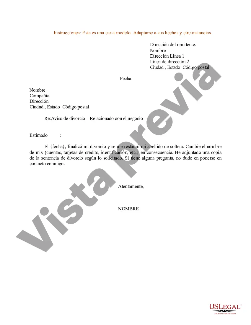 Preview Ejemplo de carta de aviso de divorcio - Relacionado con el negocio