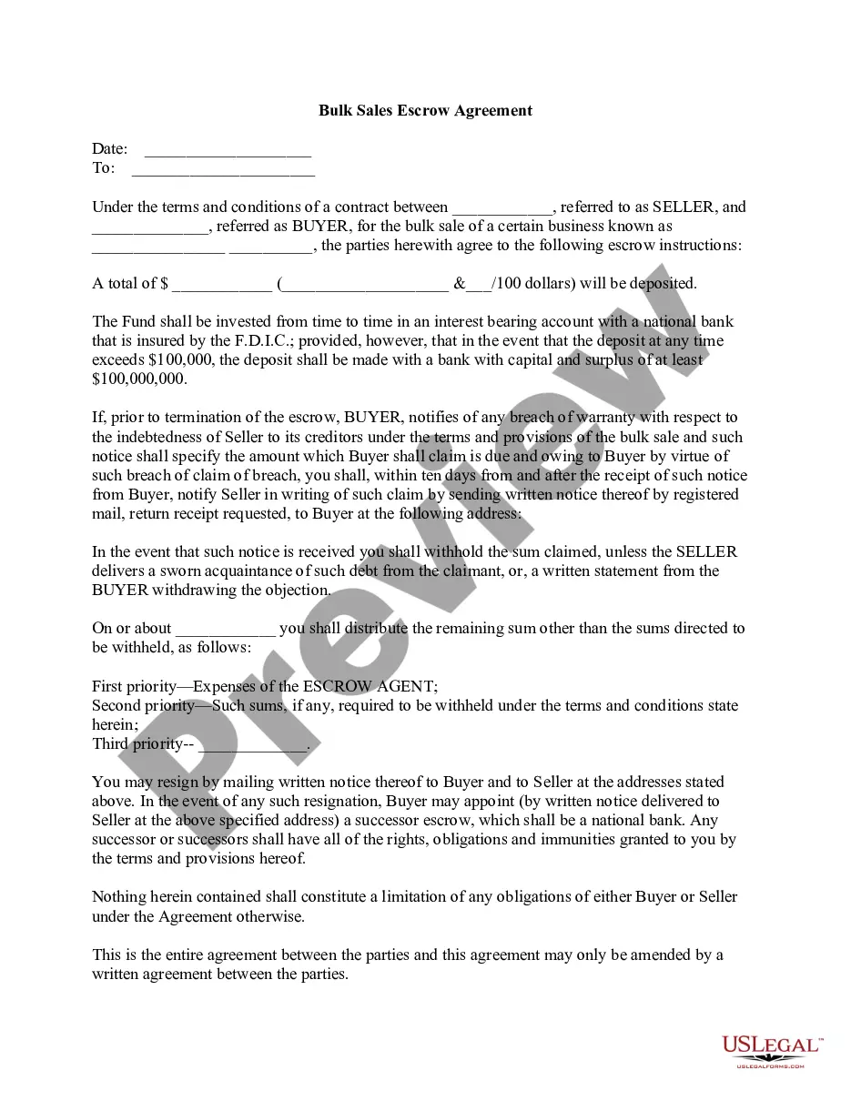 Bulk Sales Escrow Agreement | US Legal Forms
