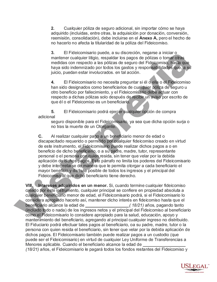 Preview Fideicomiso de seguro de vida con fondos irrevocables donde los beneficiarios tienen derecho de retiro Crummey con la póliza First to Die con cláusula de supervivencia