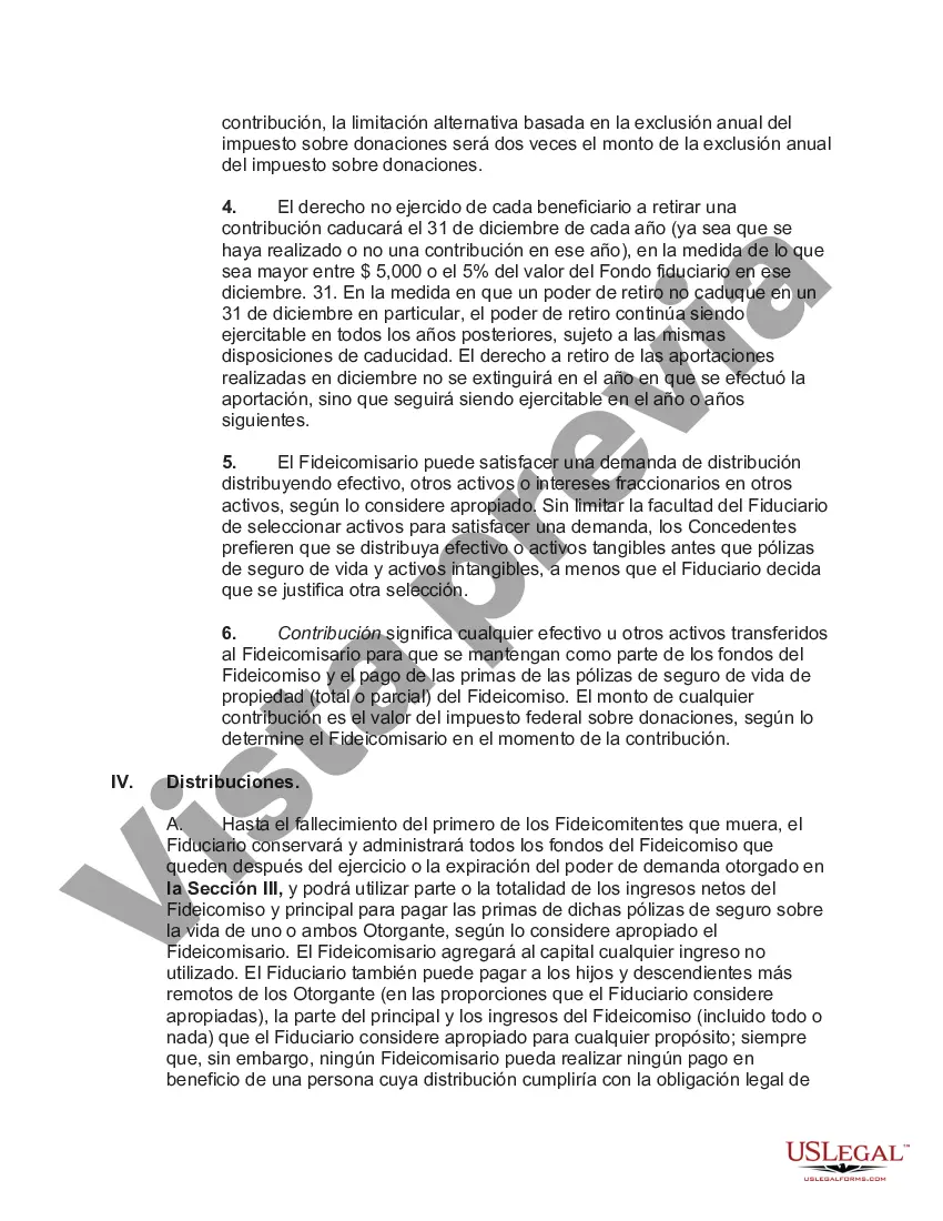 Preview Fideicomiso de seguro de vida con fondos irrevocables donde los beneficiarios tienen derecho de retiro Crummey con la póliza First to Die con cláusula de supervivencia