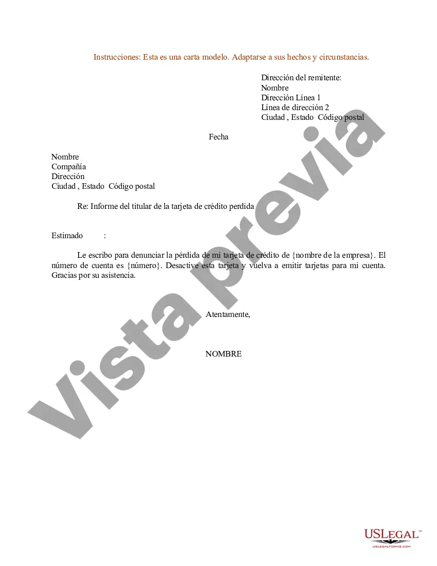 Preview Carta de muestra para el informe del titular de la tarjeta de crédito perdida