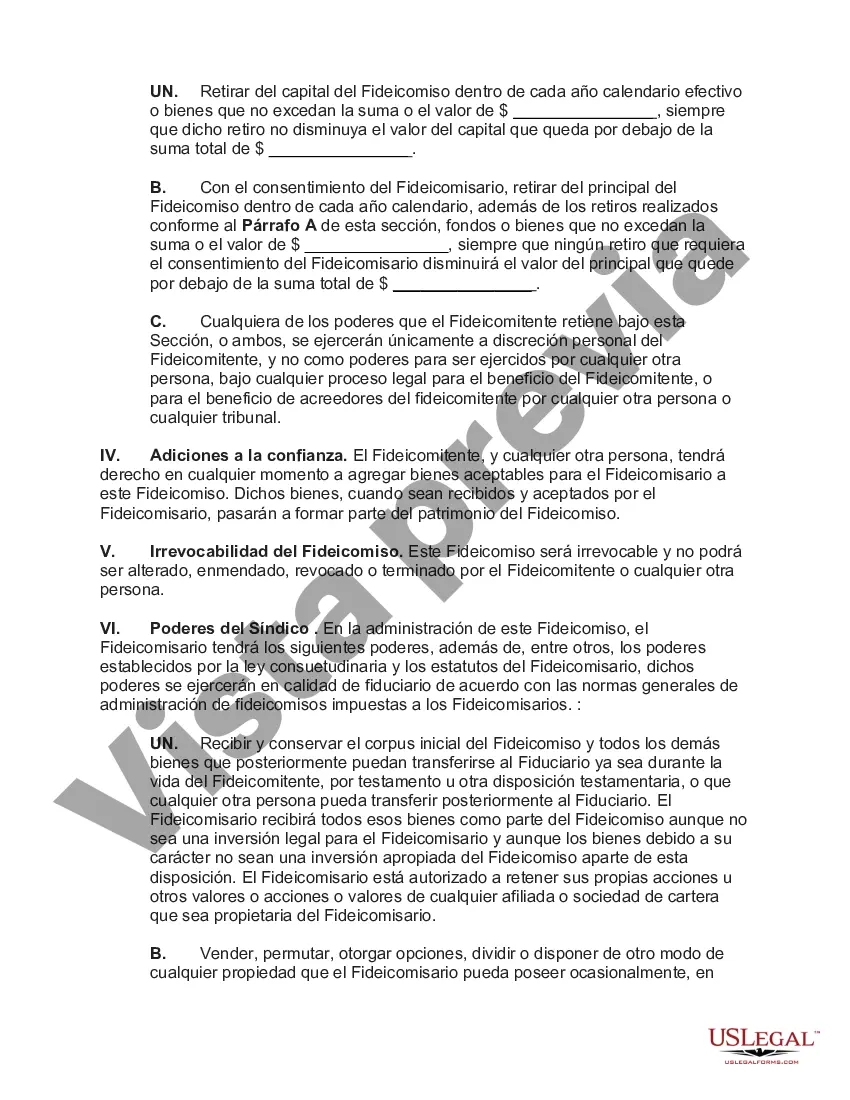 Preview Fideicomiso irrevocable para beneficio de por vida del fideicomitente con poder de invasión en el fideicomitente