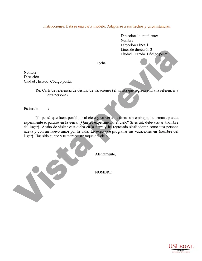 Preview Ejemplo de carta de recomendación de destino de vacaciones Ejemplo de carta