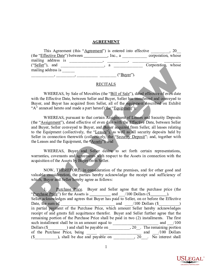 Texas Sample Agreement Re Sale of Corporate Equipment - Sample ...