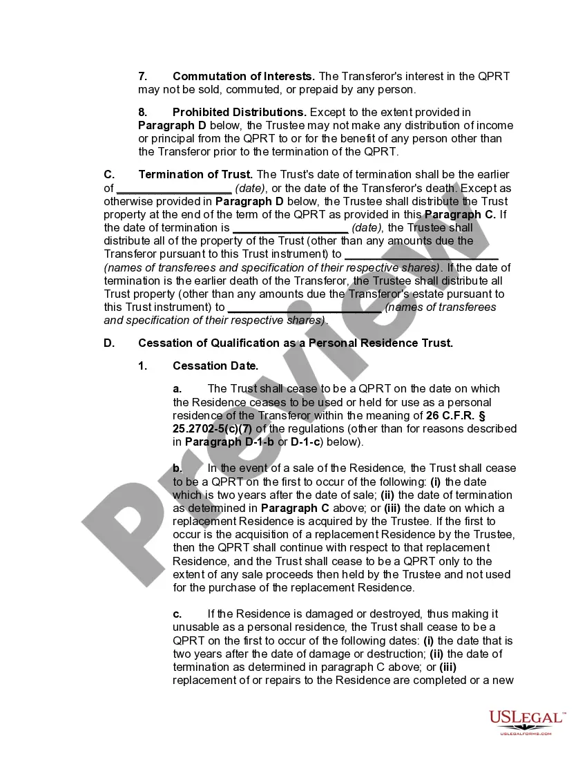 Preview Qualified Personal Residence Trust One Term Holder