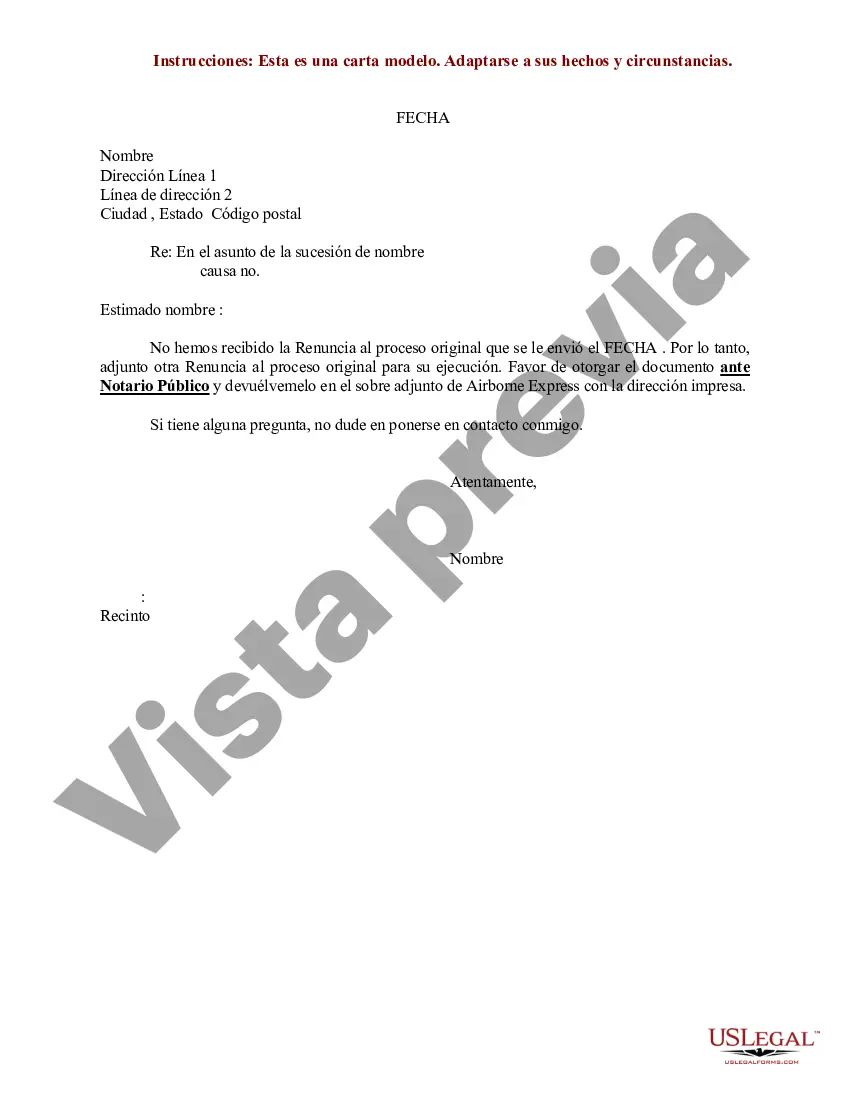 Preview Modelo de carta para solicitud de ejecución de renuncia de proceso ante un notario público