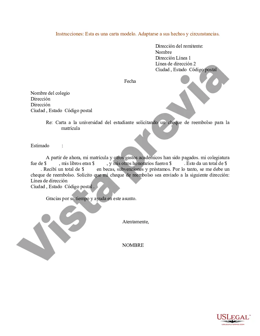 Preview Ejemplo de carta a la universidad de un estudiante solicitando un cheque de reembolso