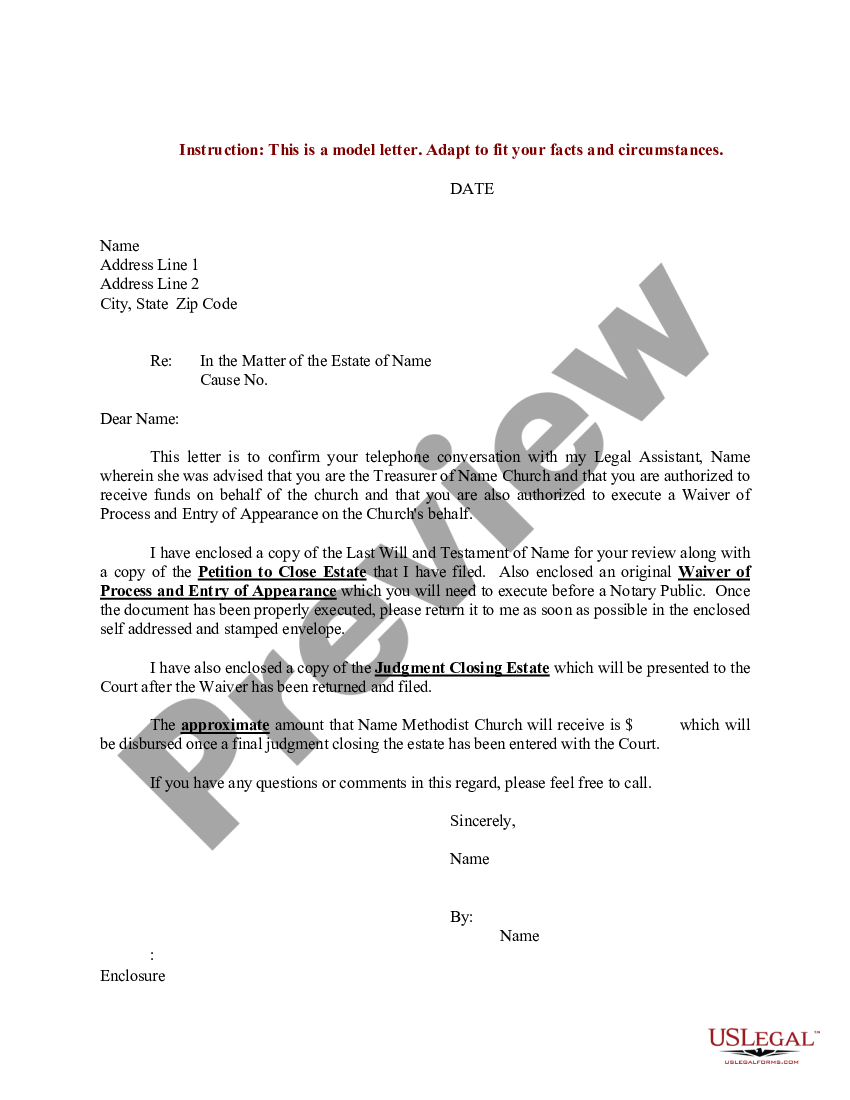 Sample Letter for Distribution of Estate to Church - Sample Letter To