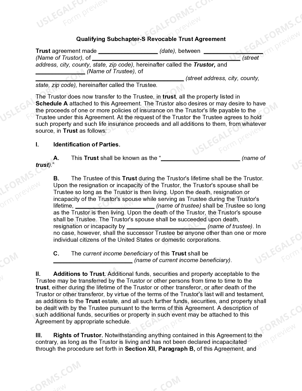 Vermont Qualifying Subchapter-S Revocable Trust Agreement - Subchapter ...