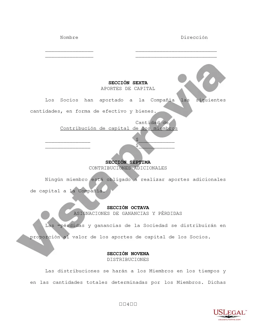 Preview Ejemplo de acuerdo operativo de sociedad de responsabilidad limitada LLC con aportes de capital que determinan las acciones de interés