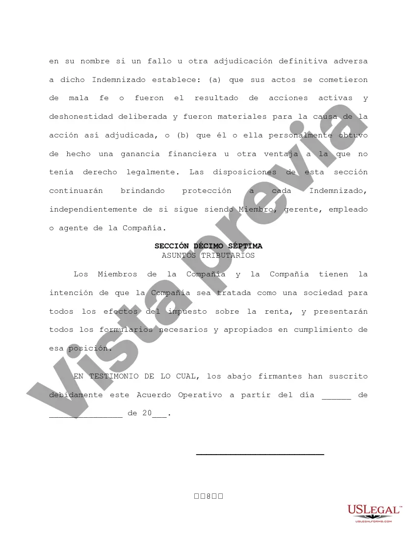 Preview Ejemplo de acuerdo operativo de sociedad de responsabilidad limitada LLC con aportes de capital que determinan las acciones de interés
