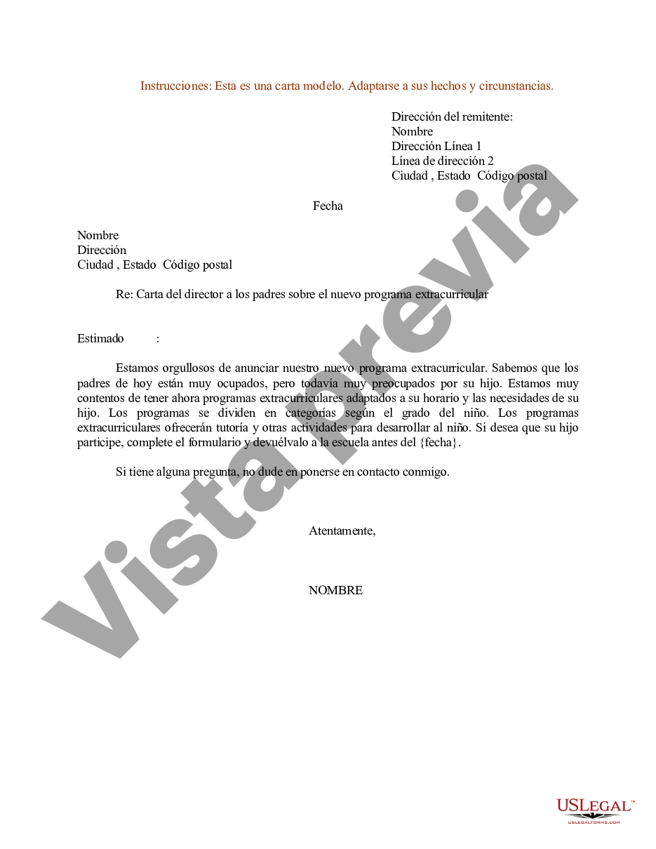 Illinois Ejemplo De Carta Del Director A Los Padres Sobre El Nuevo Programa Extracurricular Us 0567