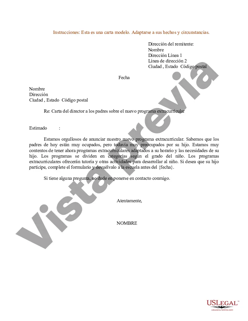 Preview Ejemplo de carta del director a los padres sobre el nuevo programa extracurricular