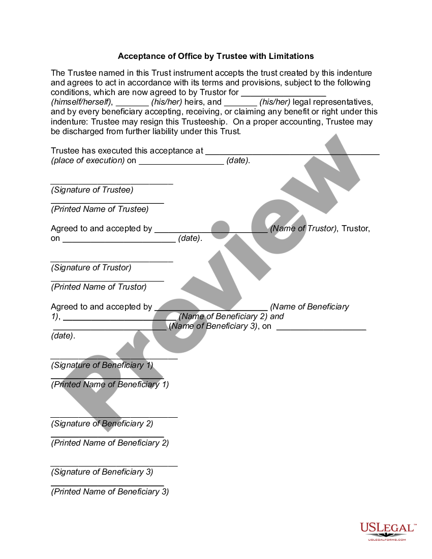 Acceptance Of Office By Trustee With Limitations Us Legal Forms 5304