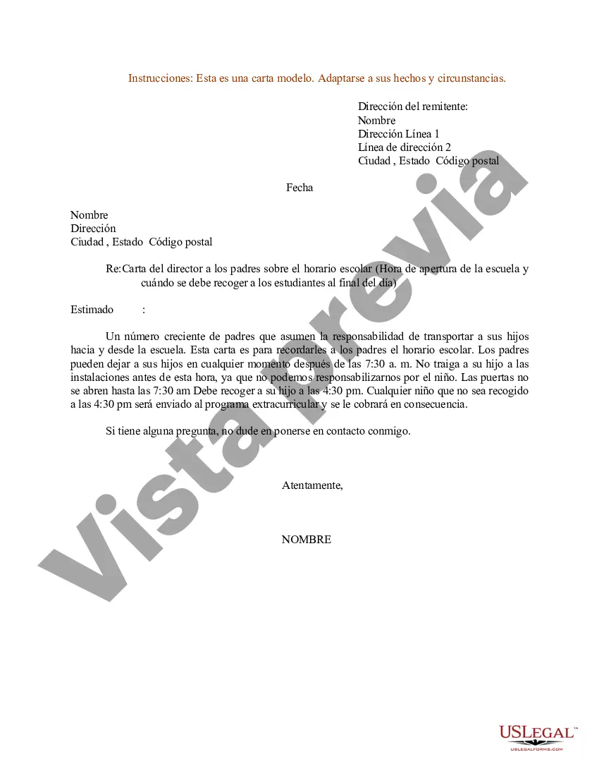Preview Ejemplo de carta del director a los padres sobre el horario escolar