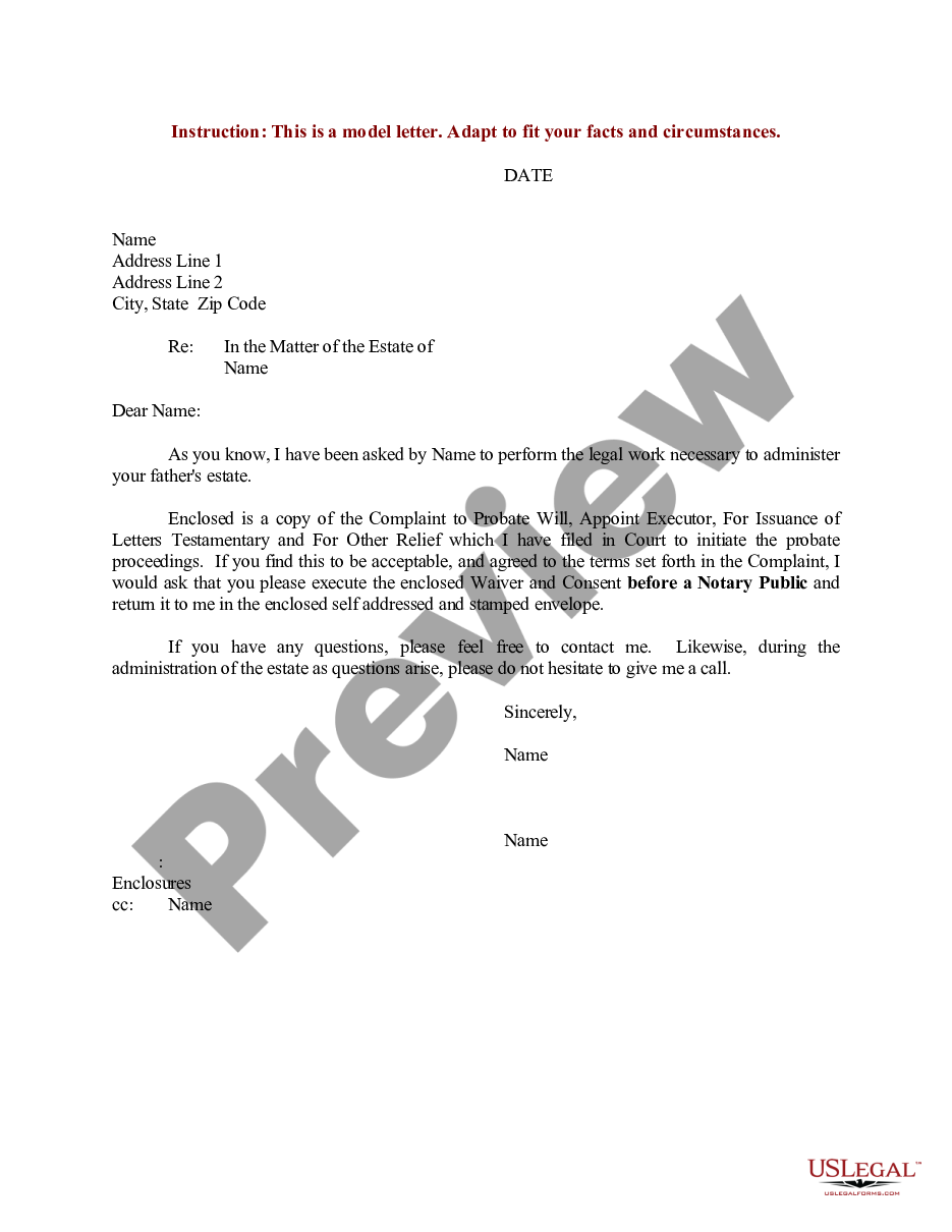 Sample Letter for Initiate Probate Proceedings for Estate Probate