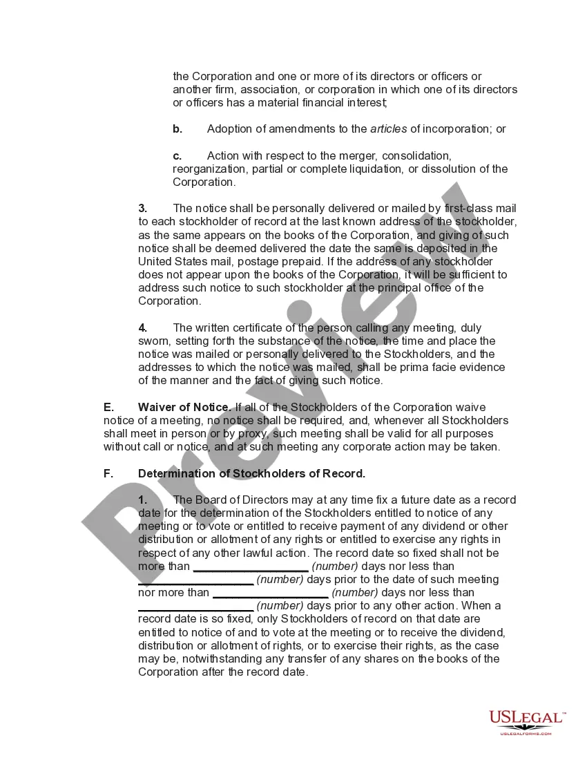 Preview Bylaws of a Business Corporation with Provisions that Board of Directors May Consist of One Person