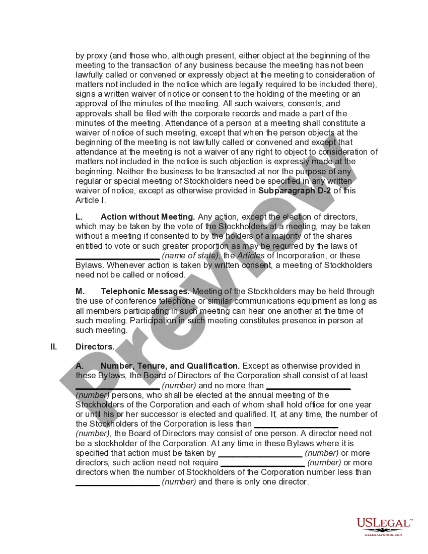 Preview Bylaws of a Business Corporation with Provisions that Board of Directors May Consist of One Person