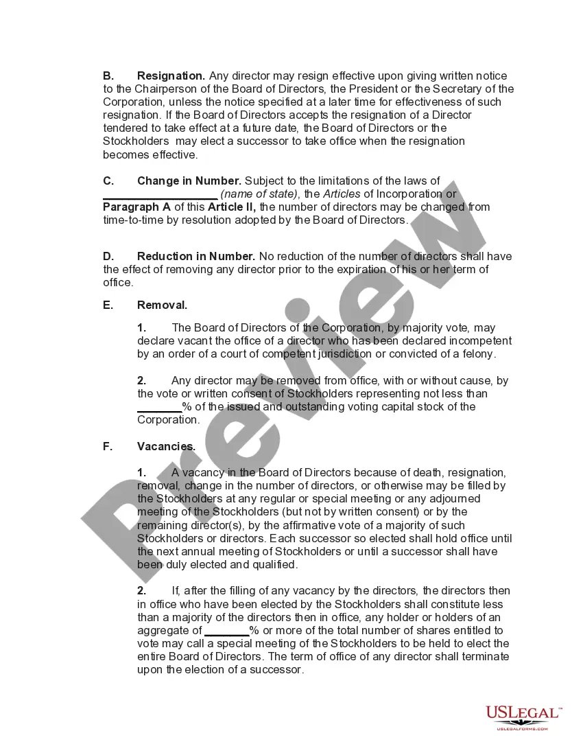 Preview Bylaws of a Business Corporation with Provisions that Board of Directors May Consist of One Person