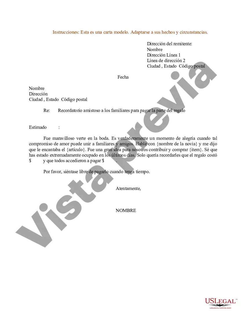 Preview Ejemplo de carta de recordatorio amistoso a los familiares para pagar la parte del regalo