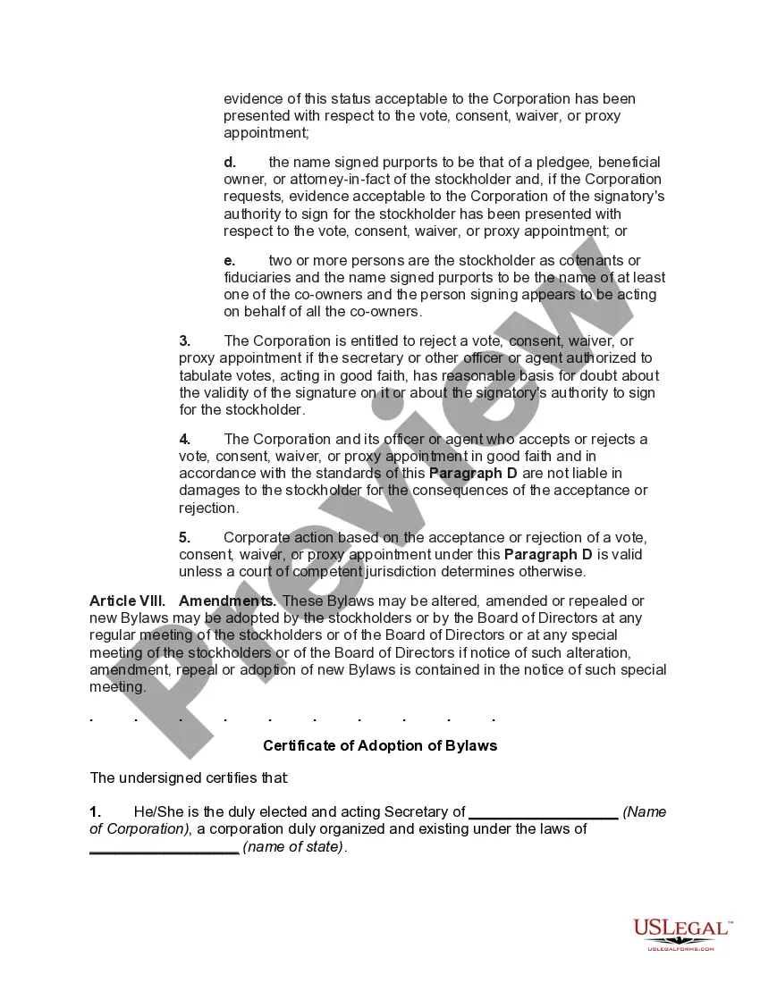 Preview Bylaws of Business Corporation with Restrictions on Issuance of Stock