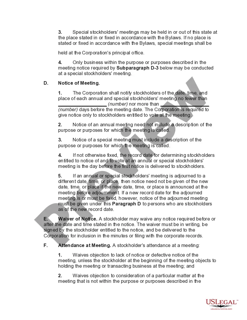 Preview Bylaws of Business Corporation with Restrictions on Issuance of Stock