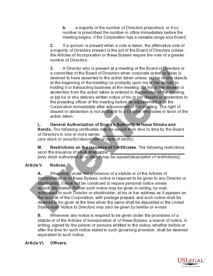 Preview Bylaws of Business Corporation with Restrictions on Issuance of Stock