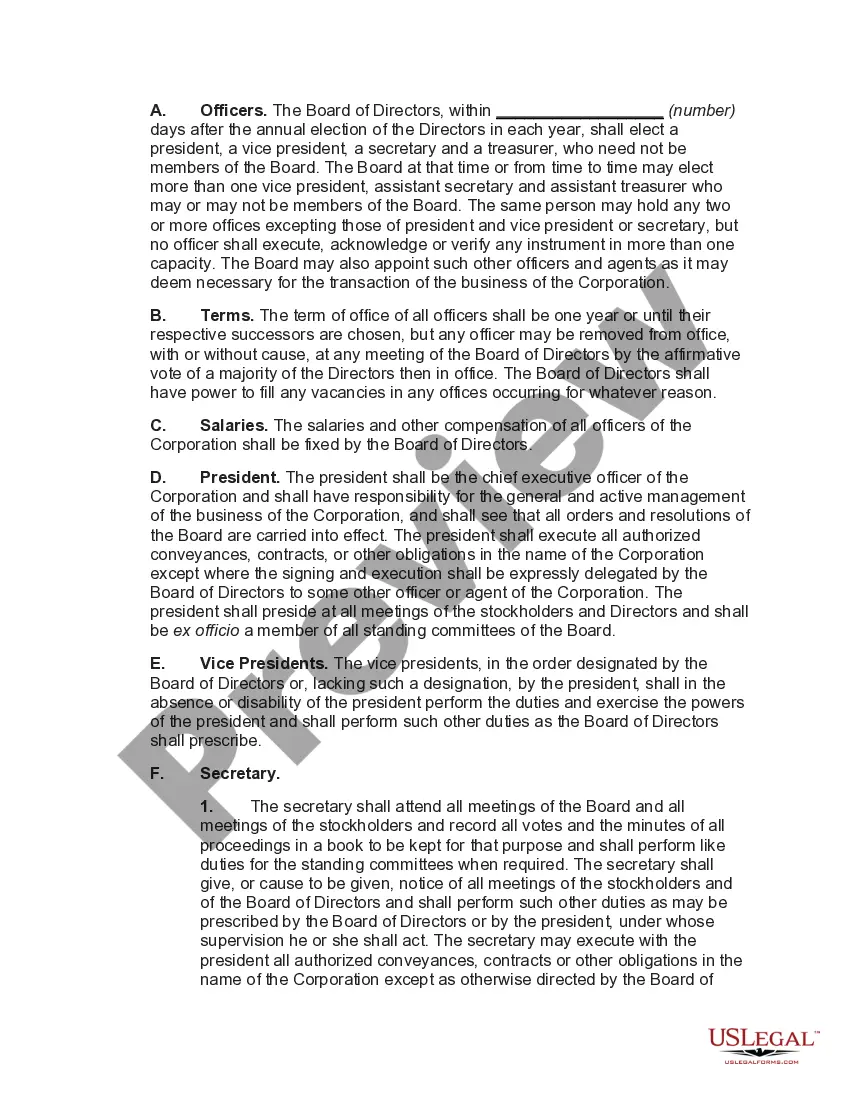 Preview Bylaws of Business Corporation with Restrictions on Issuance of Stock