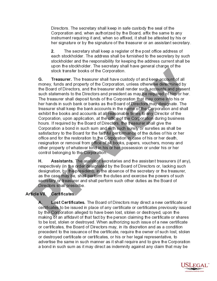 Preview Bylaws of Business Corporation with Restrictions on Issuance of Stock