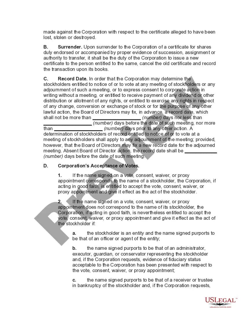 Preview Bylaws of Business Corporation with Restrictions on Issuance of Stock