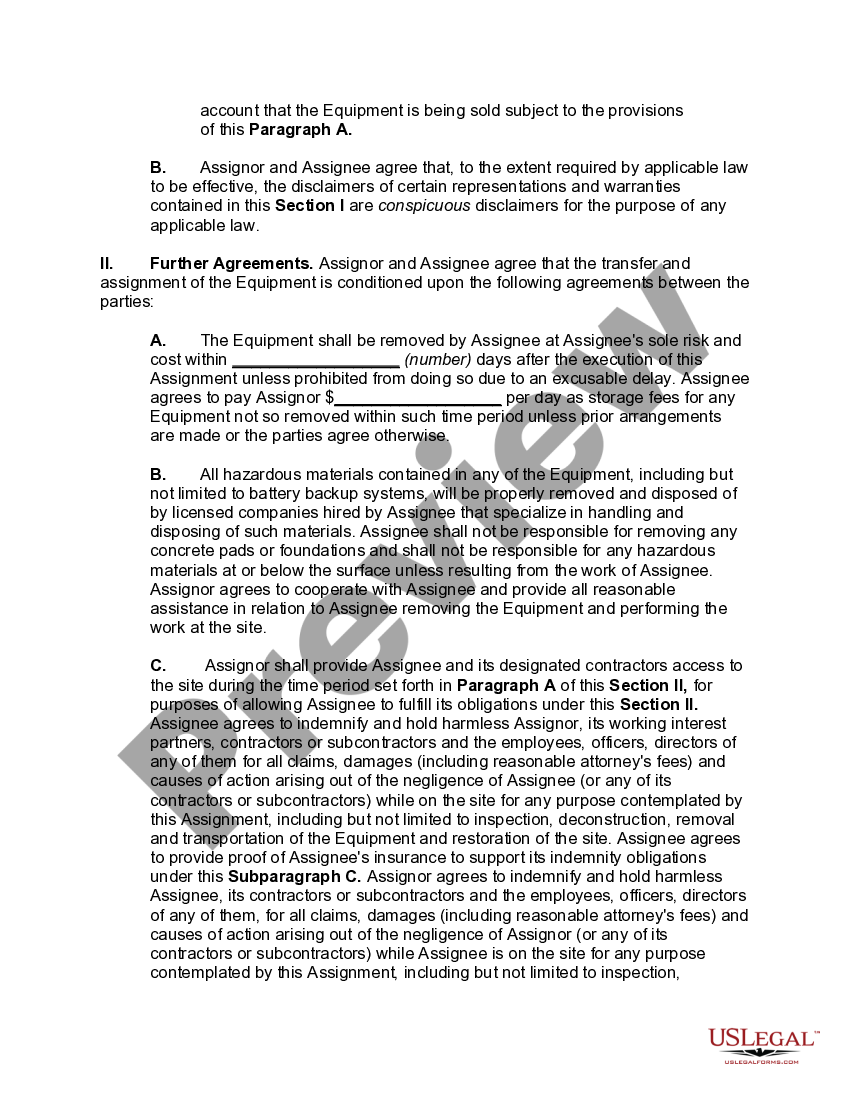 Assignment and bill of sale of equipment and machinery with disclaimers