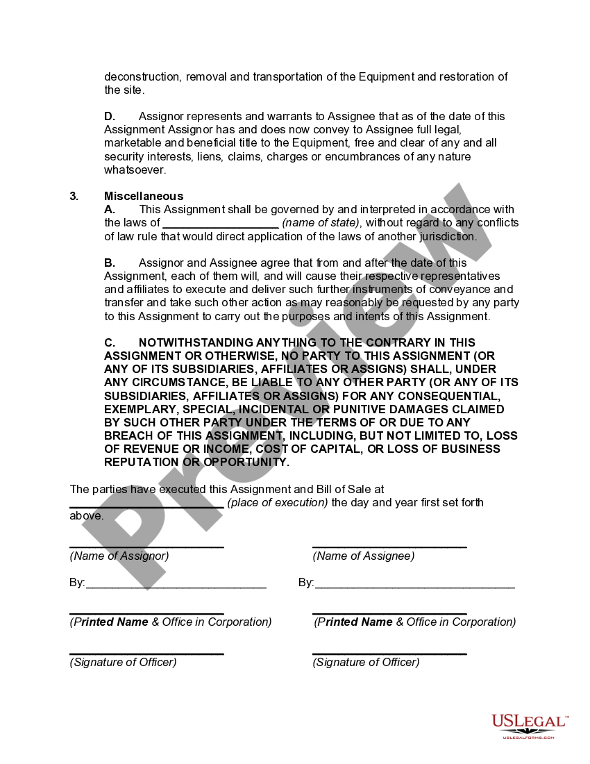 Assignment and bill of sale of equipment and machinery with disclaimers
