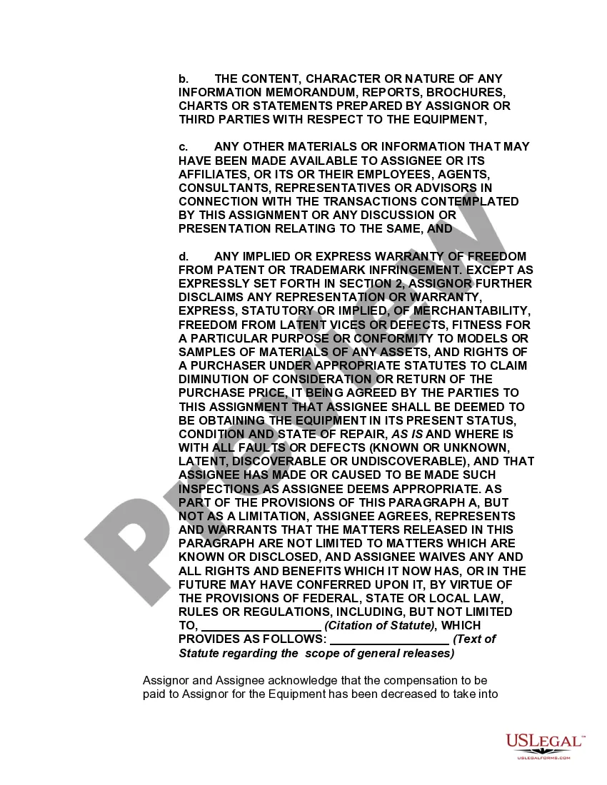 Preview Assignment and Bill of Sale of Equipment and Machinery with Disclaimers