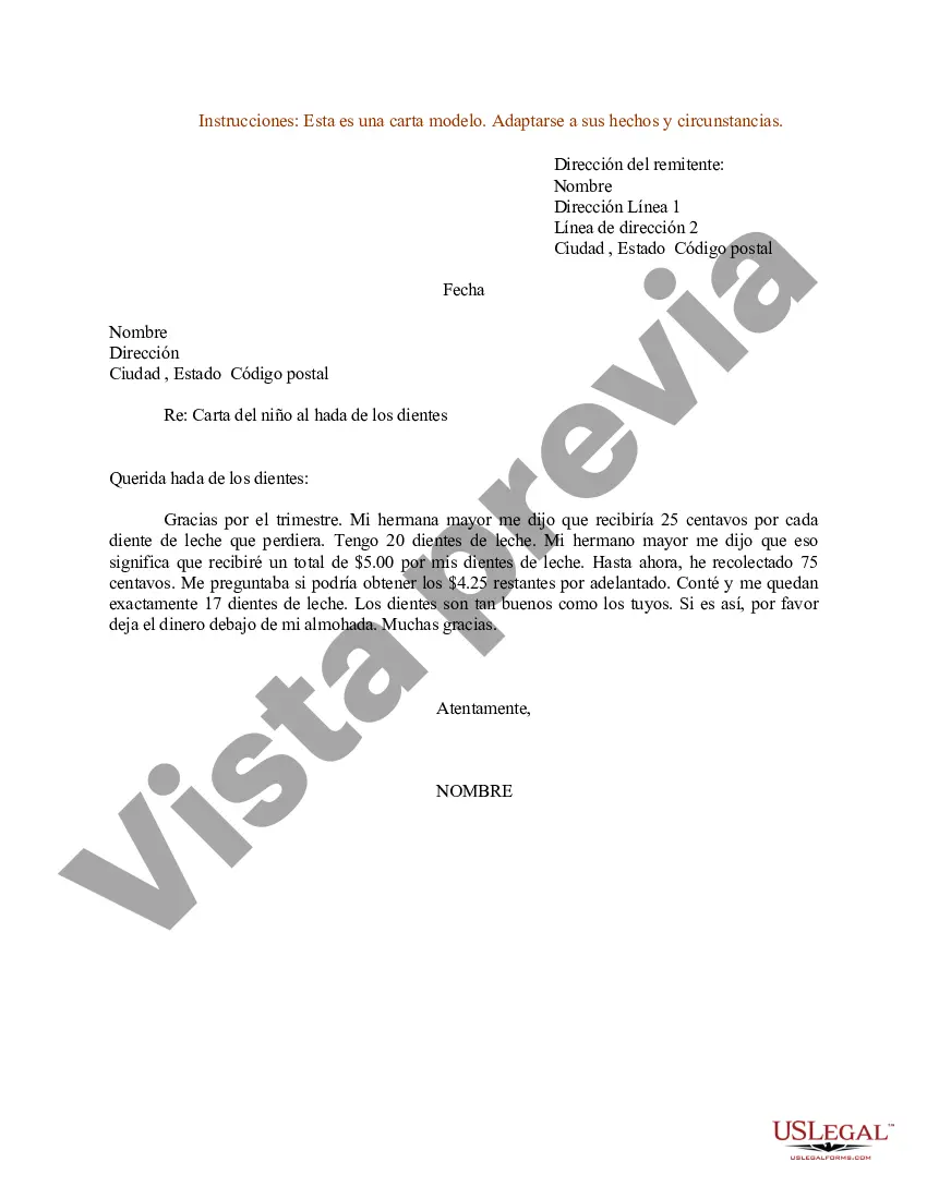 Preview Ejemplo de carta del niño al hada de los dientes