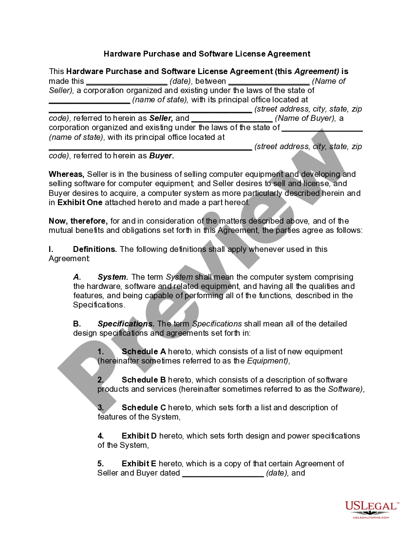 Hardware Purchase and Software License Agreement US Legal Forms