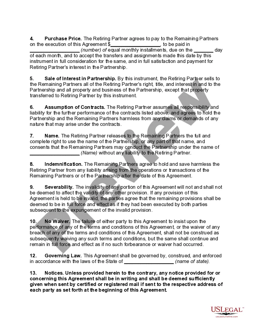Preview Agreement between Retiring Partner and Remaining Partners to Dissolve and Wind up Partnership with Mutual Conveyances of Assets