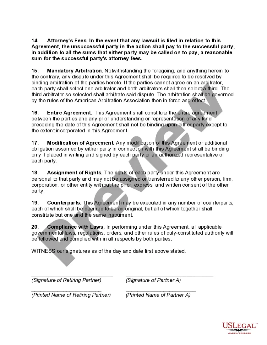 Preview Agreement between Retiring Partner and Remaining Partners to Dissolve and Wind up Partnership with Mutual Conveyances of Assets