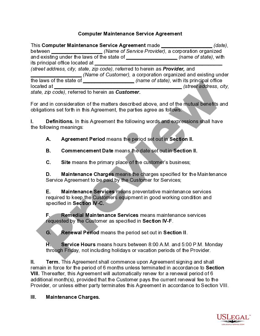 Computer Maintenance Service Agreement | US Legal Forms