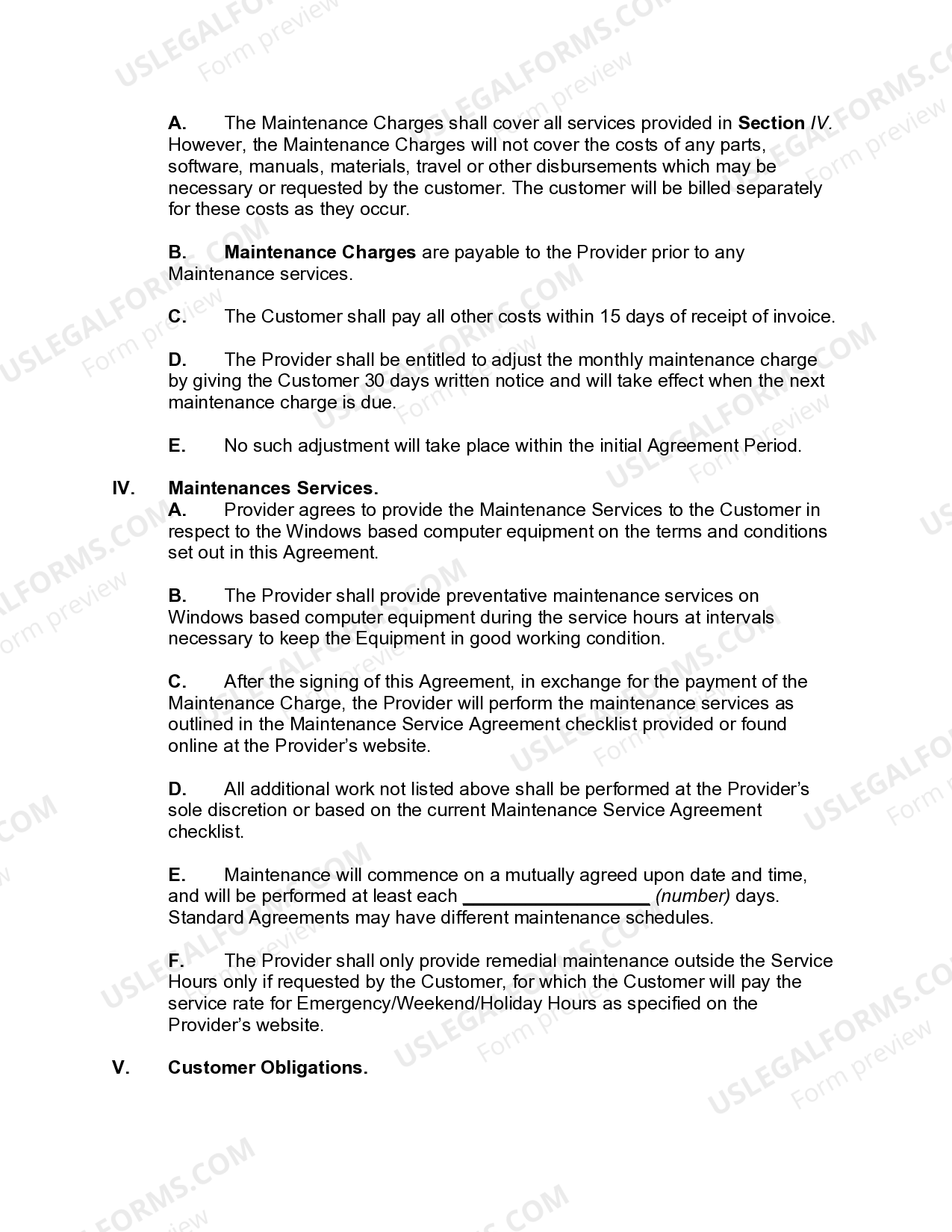 Computer Maintenance Service Agreement US Legal Forms