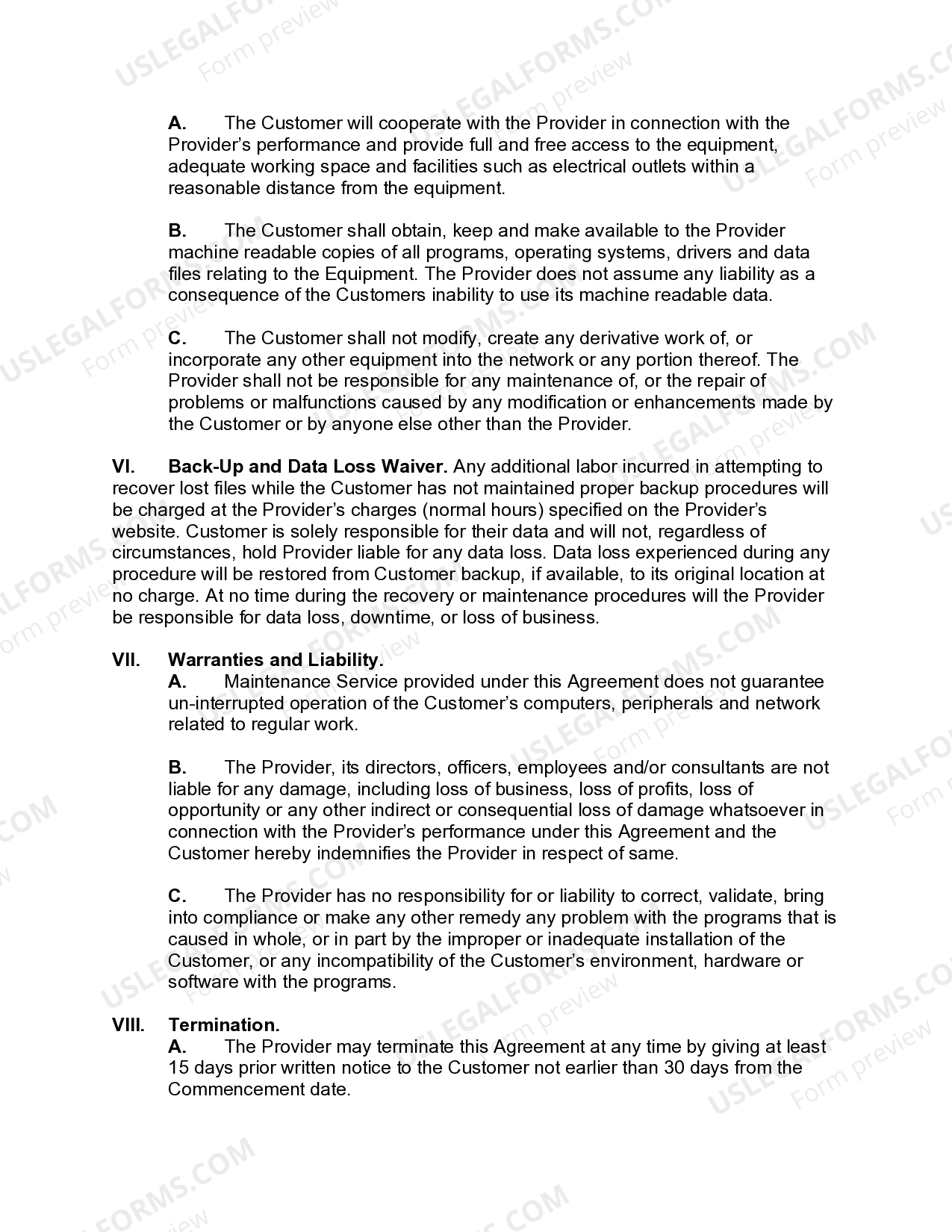 Computer Maintenance Service Agreement US Legal Forms
