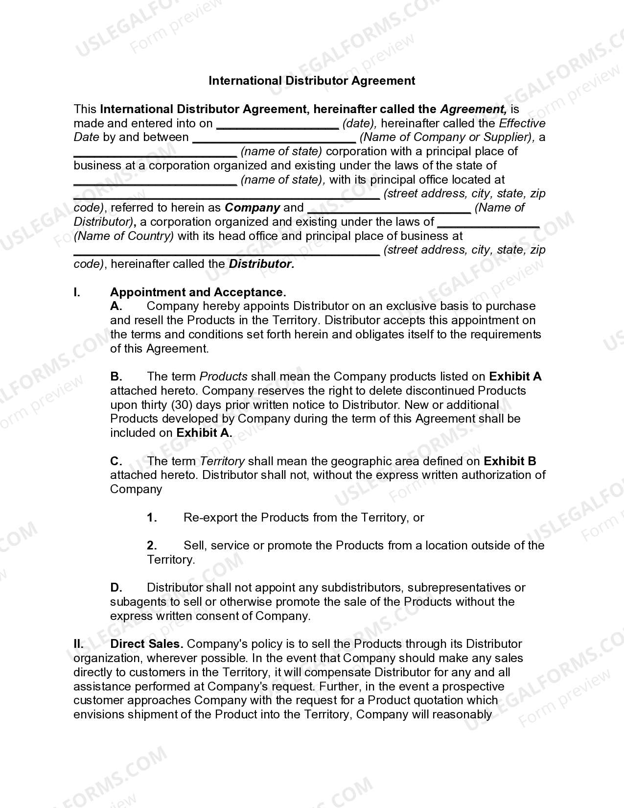 International Distributor Agreement US Legal Forms