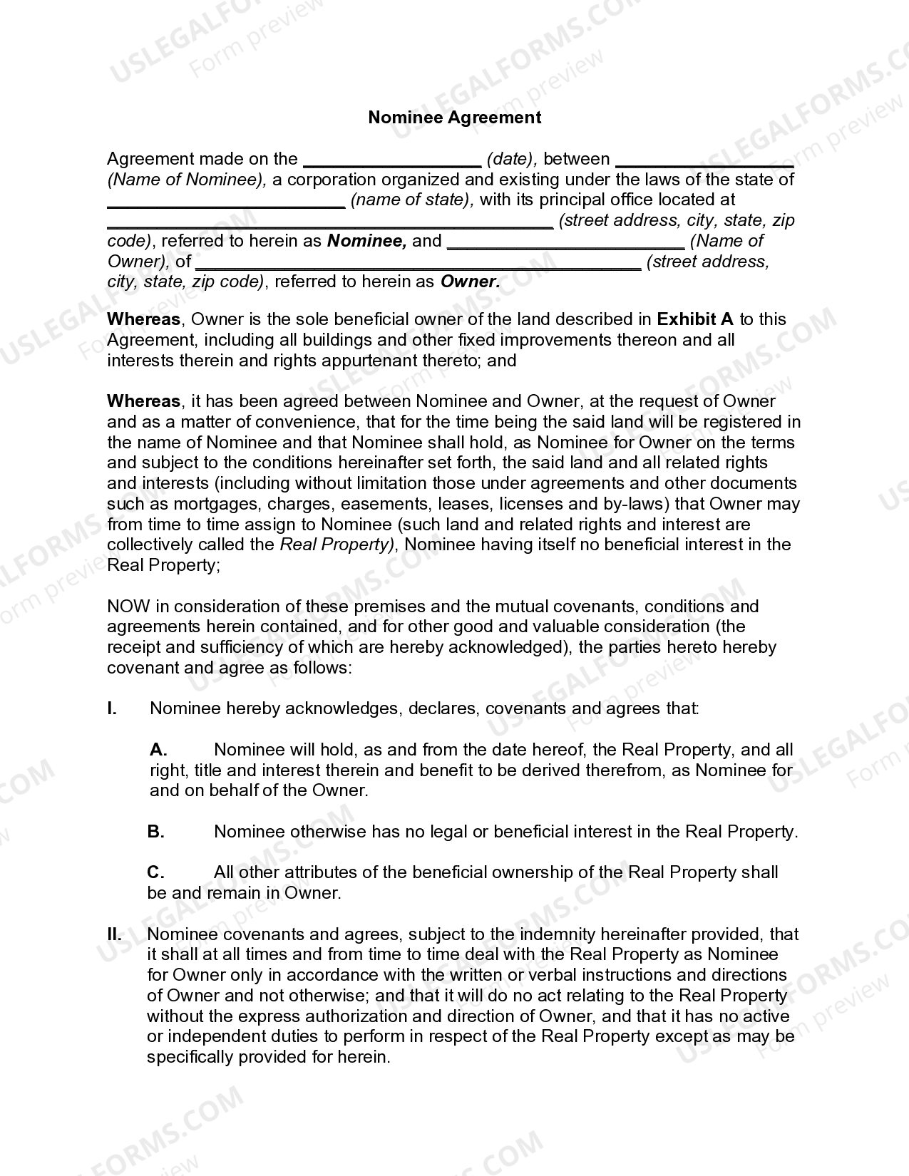 Nominee Agreement | US Legal Forms