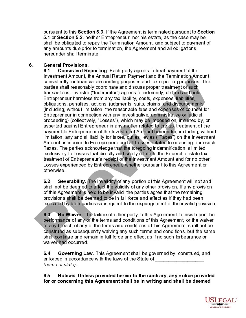 Preview Investment Agreement in Letter Form