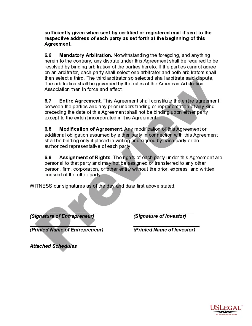 Preview Investment Agreement in Letter Form