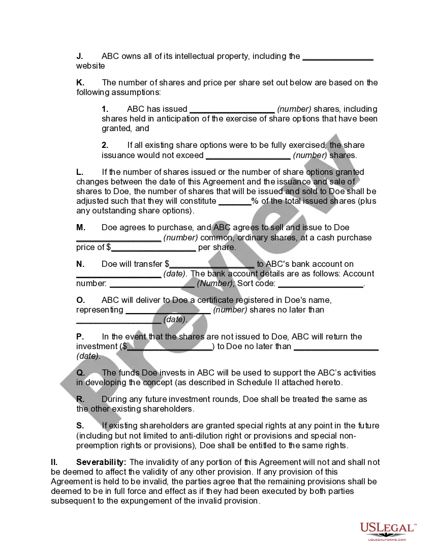 Preview Investment Agreement between John Doe and ABC, Inc.